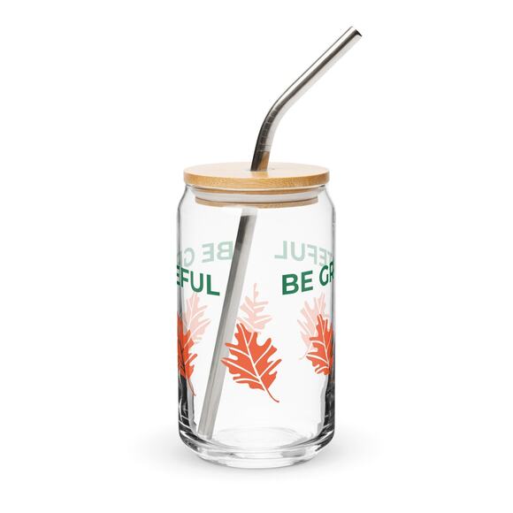 Eco-Friendly Gratitude Jar: Glass Can-shaped glass w/bamboo lid and metal straw, - Picture 3 of 10